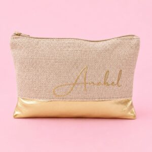 Bolso de mano con detalles dorado y nombre personalizado en dorado. Mínimo 20 unid
